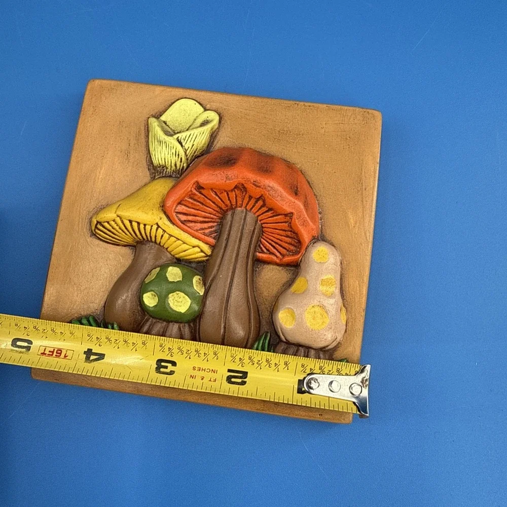 Vtg Lot Of 3 Mushroom Wall Art Hand Painted Orange Plaque 70s Ceramic 3D